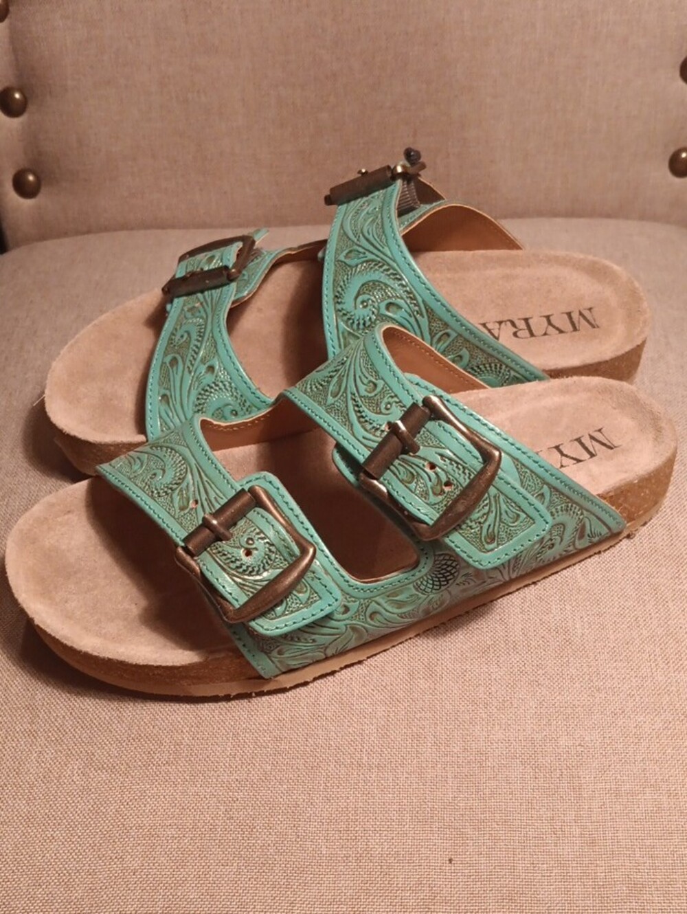 Myra Bag Hand-tooled Turquoise Embossed Leather Double-Buckle Sandals. - Picture 4 of 5